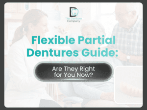 Hero banner for a dental guide: 'Flexible Partial Dentures Guide: Are They Right for You Now?' with The Denture Company logo in a clinic setting