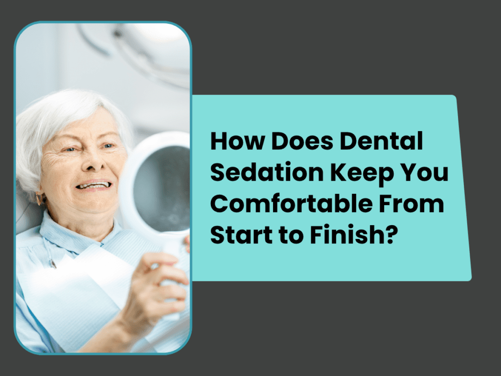Older woman in a dental chair holding papers beside a teal title panel about dental sedation.